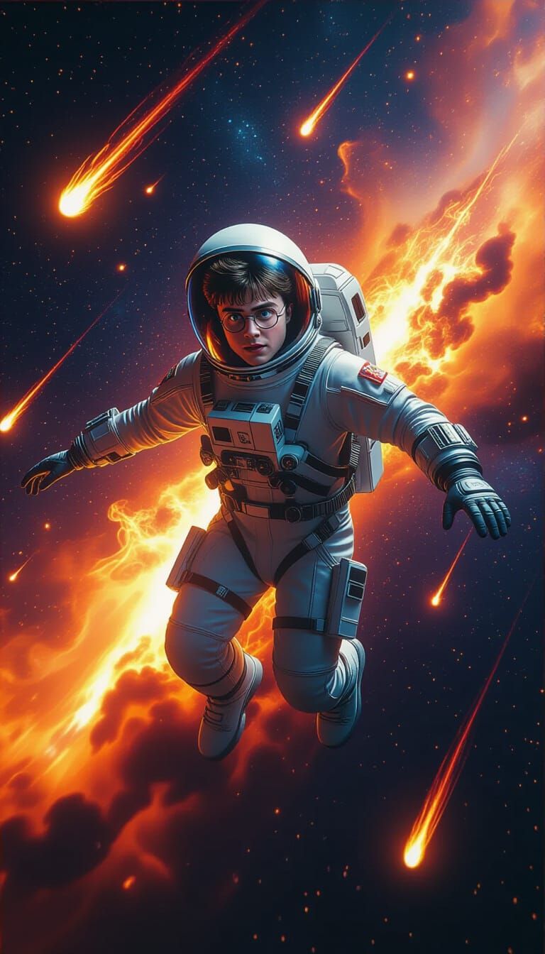 Harry Potter Soaring Through Space as Surreal Art