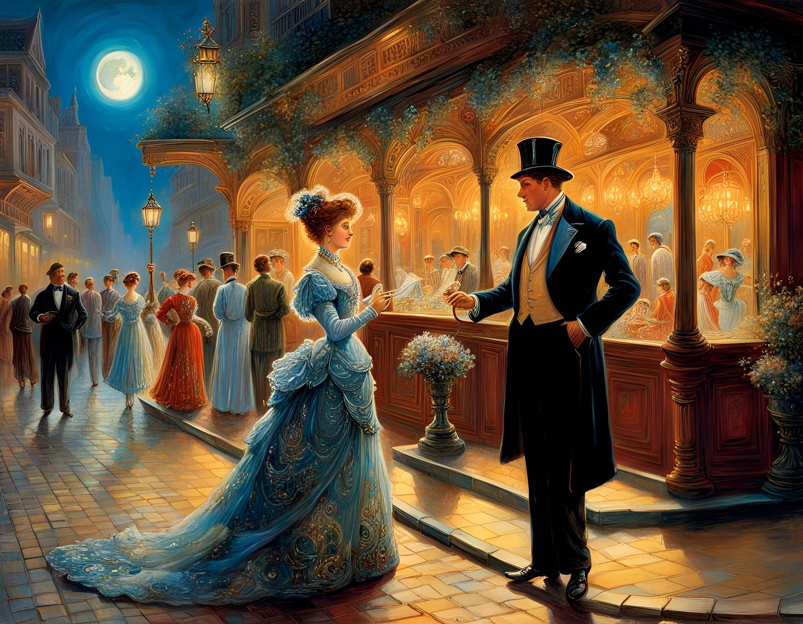 Elegantly Dressed Couple Leaving Restaurant: Retro Photograp...