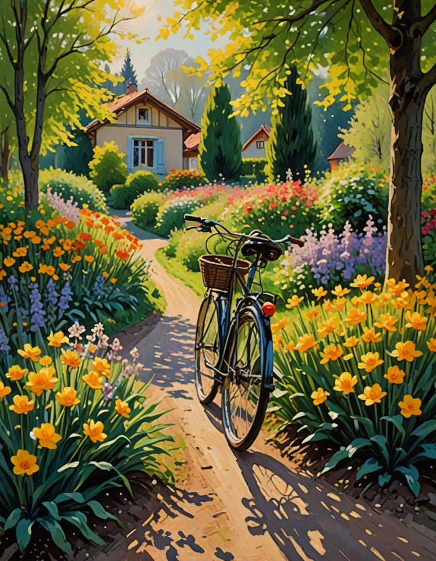 Impressionist Cycling Scene in Vibrant Spring Bloom