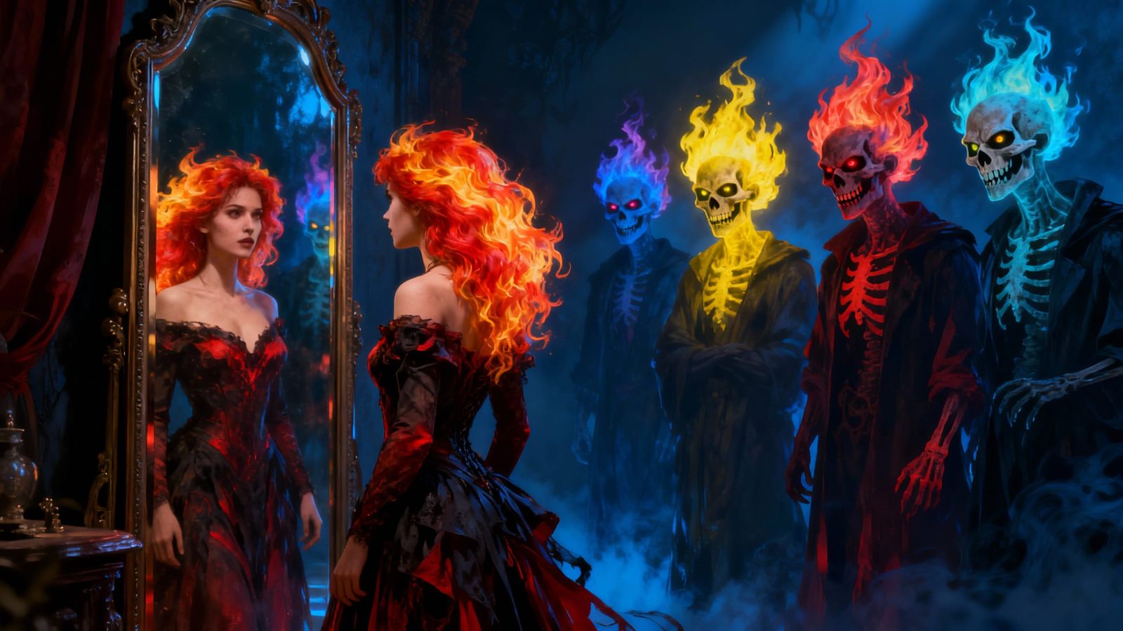 Surreal Fiery Haired Woman Before Mysterious Mirror