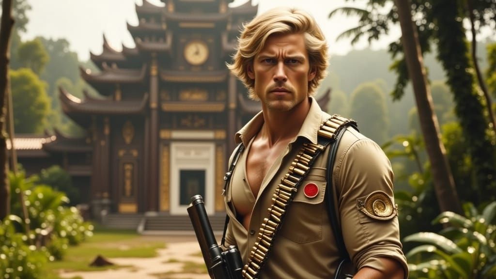Handsome Blonde Soldier of Fortune in Ancient Jungle Temple