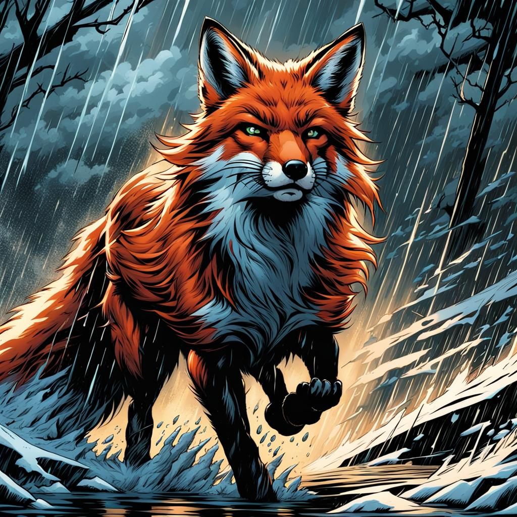 Red Fox Running Through a Thunderstorm, Comic Book Art