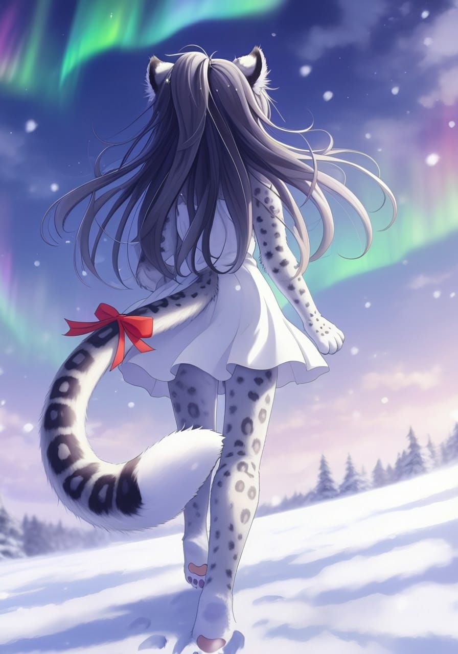 Tender Snow Leopard Goddess Embracing Whimsical Fantasy