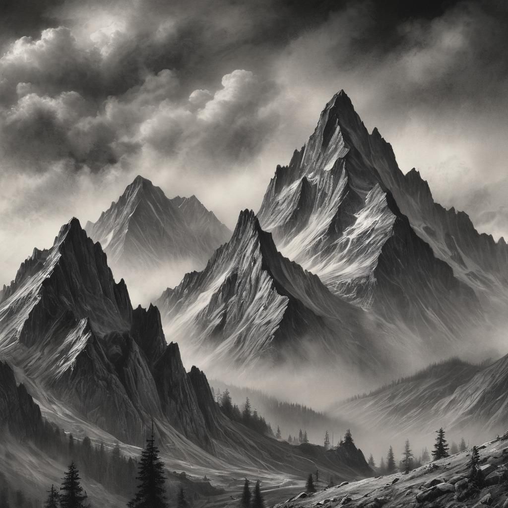 Dramatic Mountain Peaks in Charcoal Sketch Style