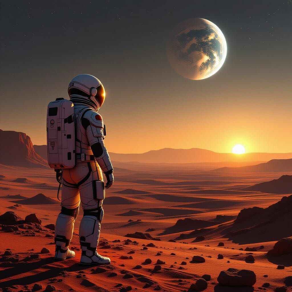 Astronaut on Mars Gazing at Earth in Hyperrealistic Sci-Fi S...