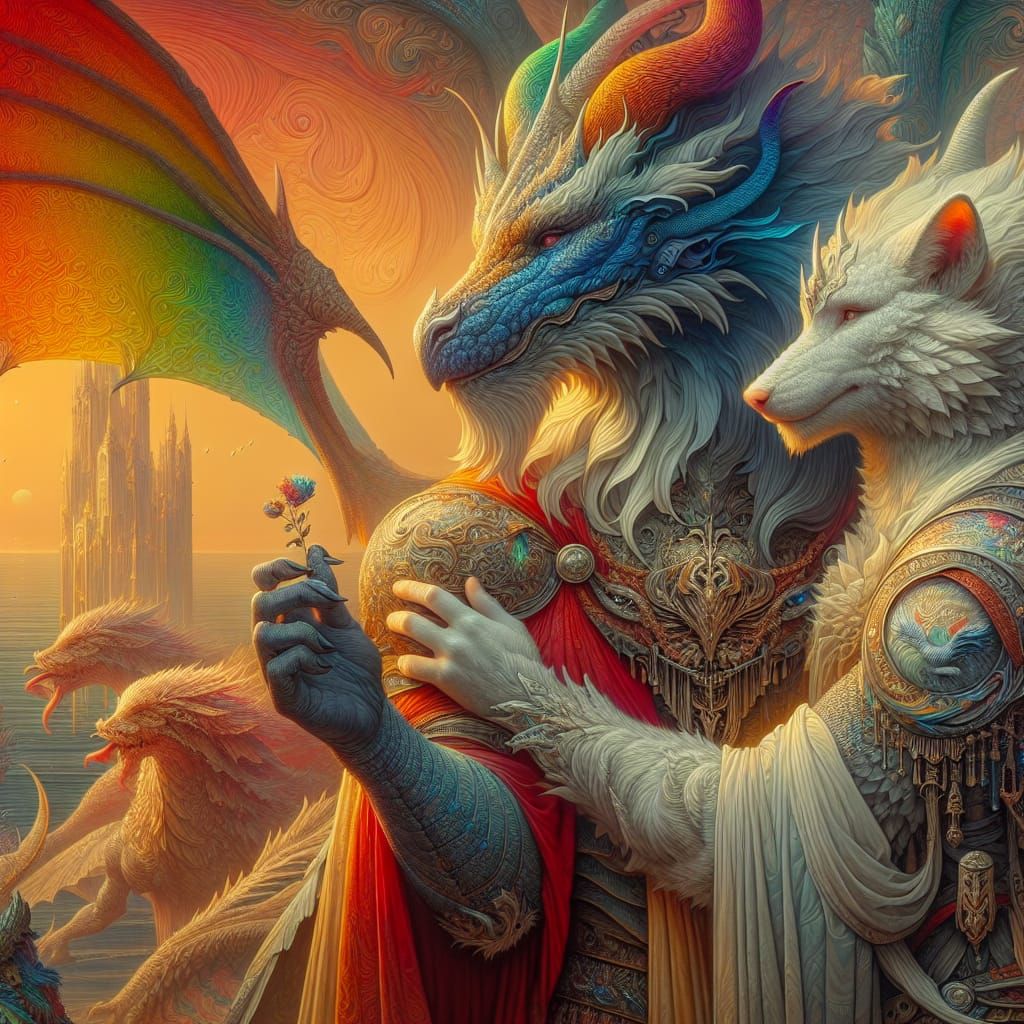 Fantasy Gay Couple: Dragon and Wolf in Love
