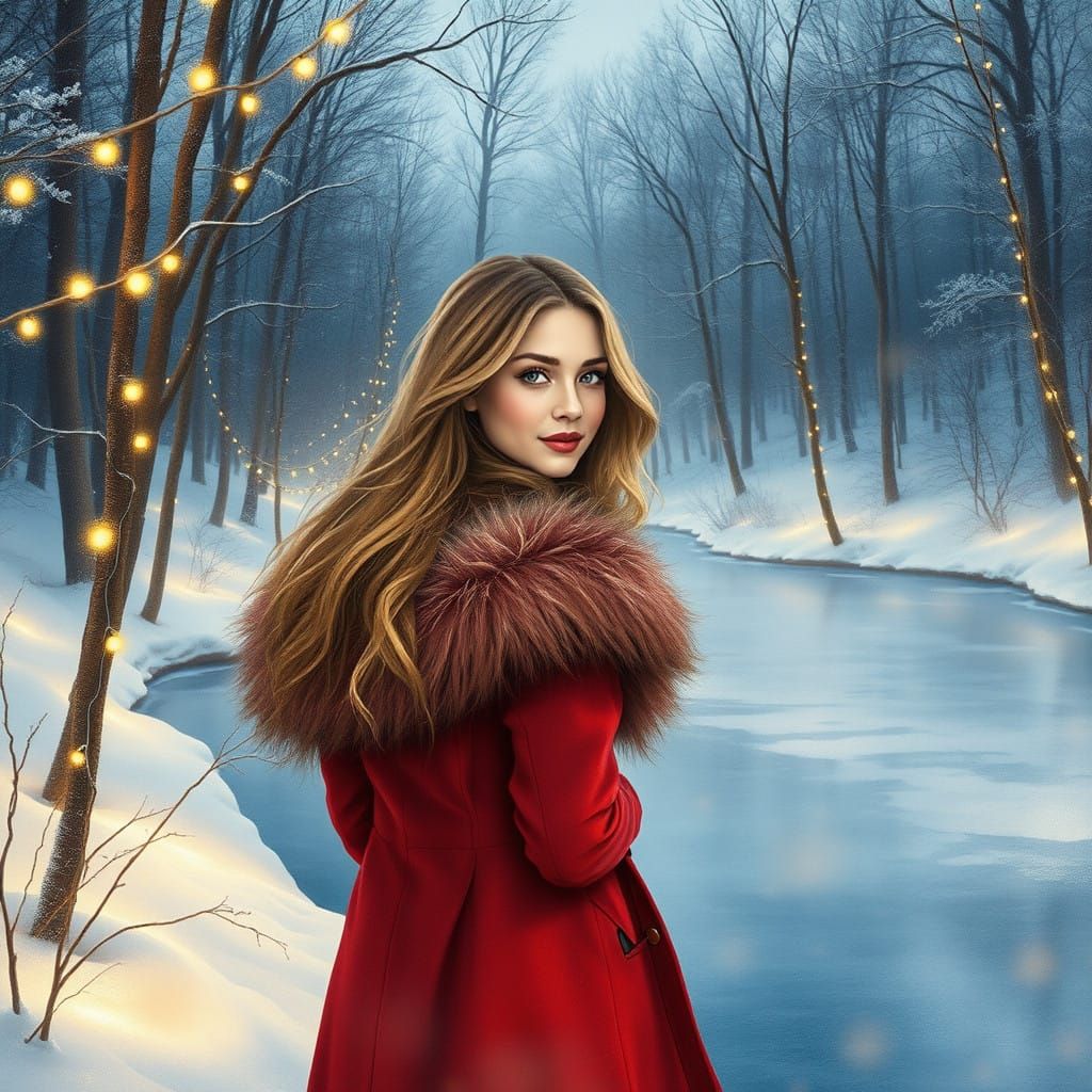Woman in Crimson Coat Stands by Frozen Lake in Whimsical Wat...