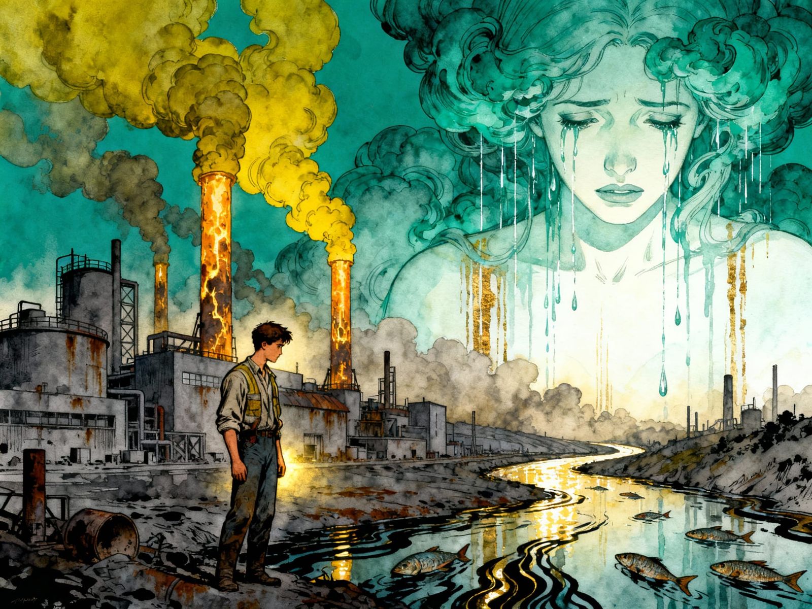 Surreal Industrial Landscape With Grieving Sky Woman