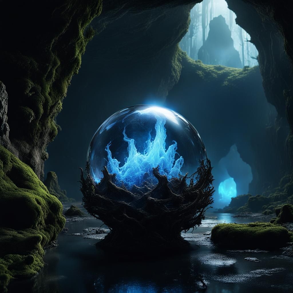 Mechanical Sphere in a Dark Cave, Fantasy Art