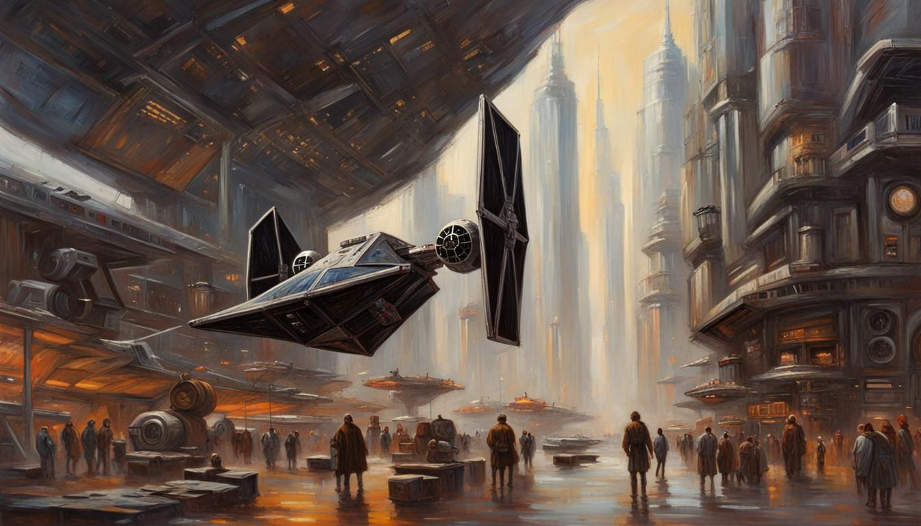 Tie Fighter Lands in Coruscant, Oil Painting