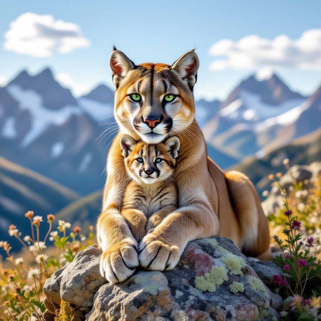 Majestic Puma with Cub on Rocky Outcrop