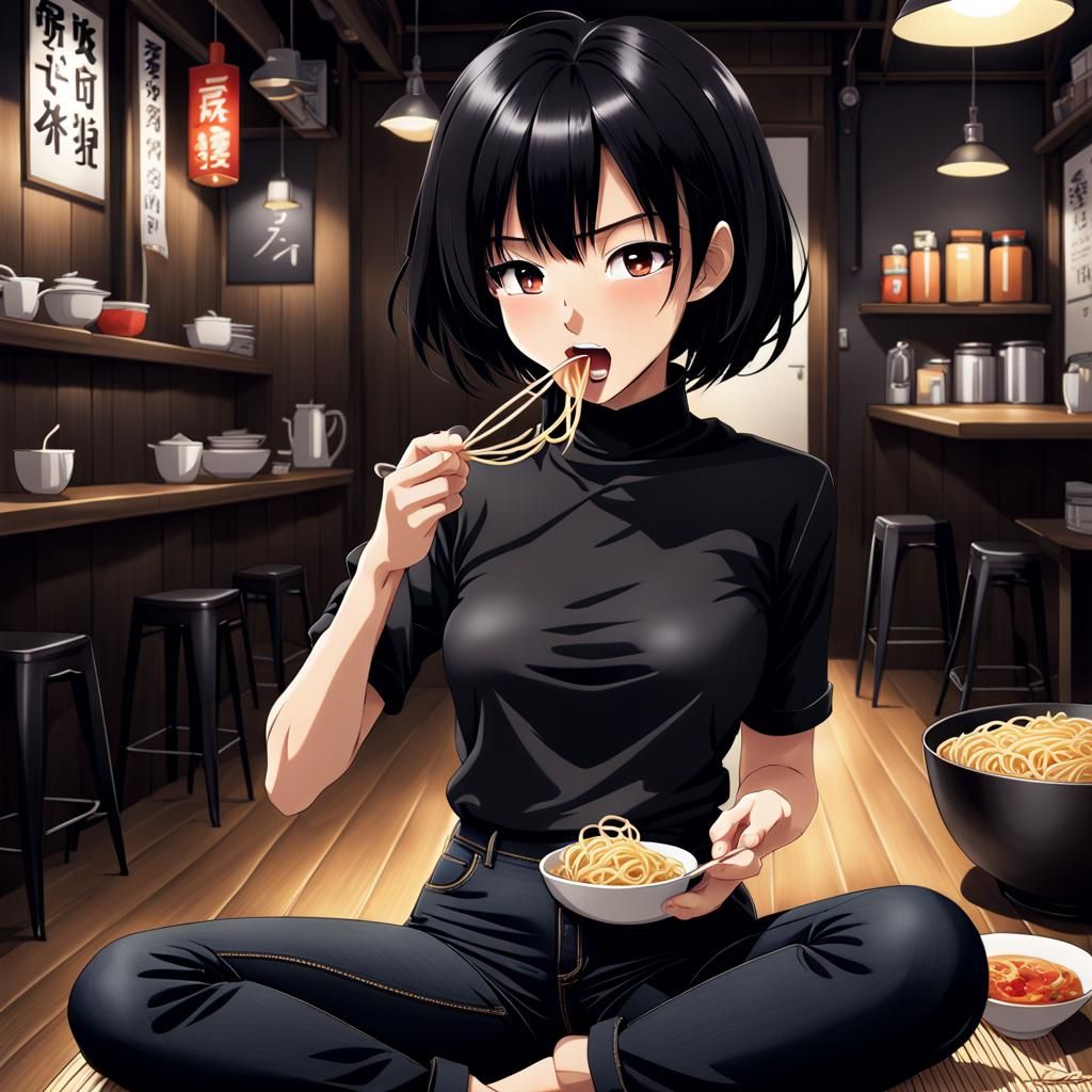 Anime Woman Eating Noodles in Manga Style
