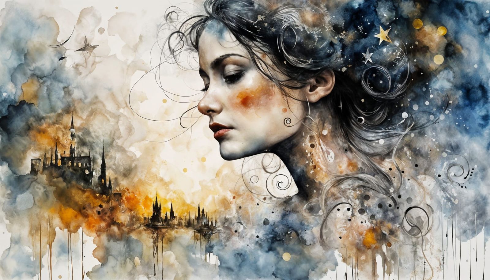 Lone Wanderer Under Moon in Ink and Watercolor Style