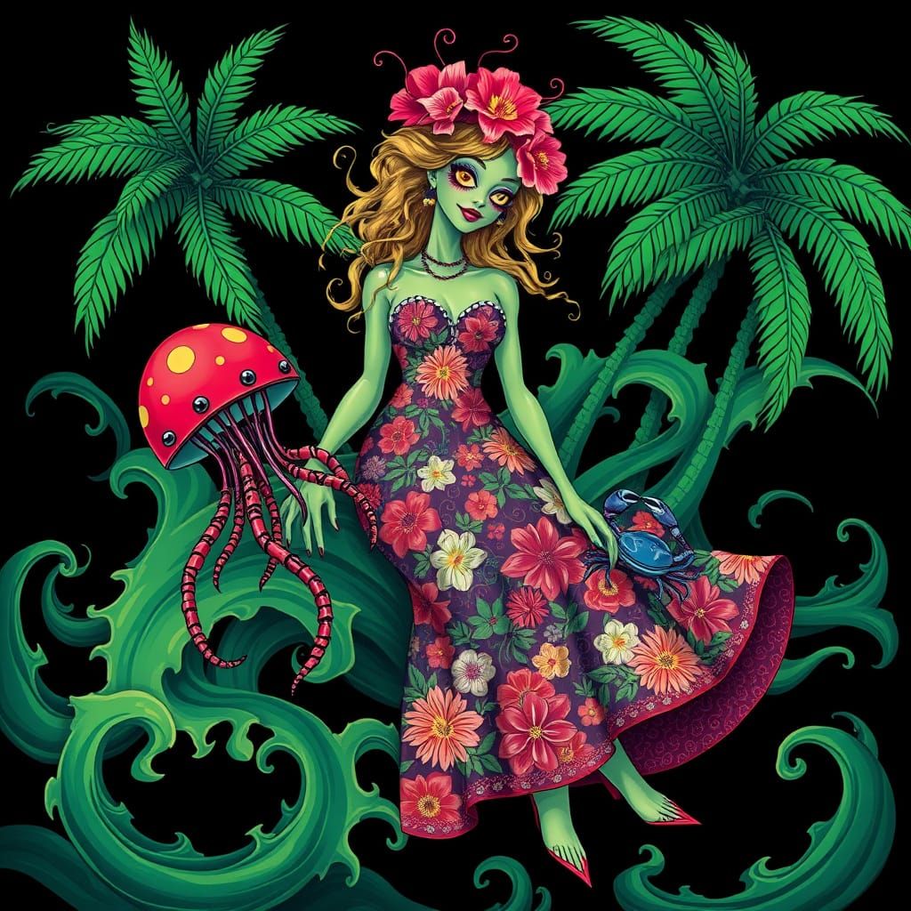 Surreal Green Lady with Robotic Companions