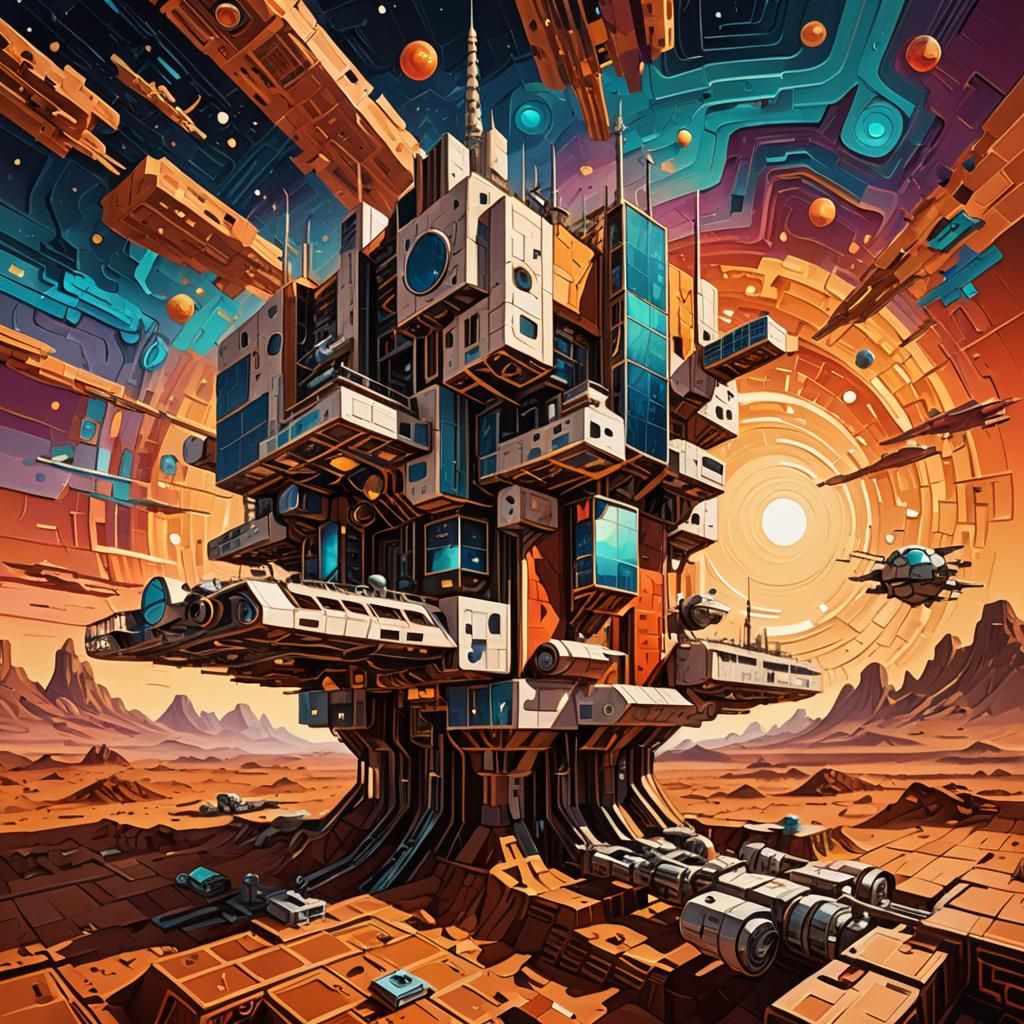 space station on mars in sunset