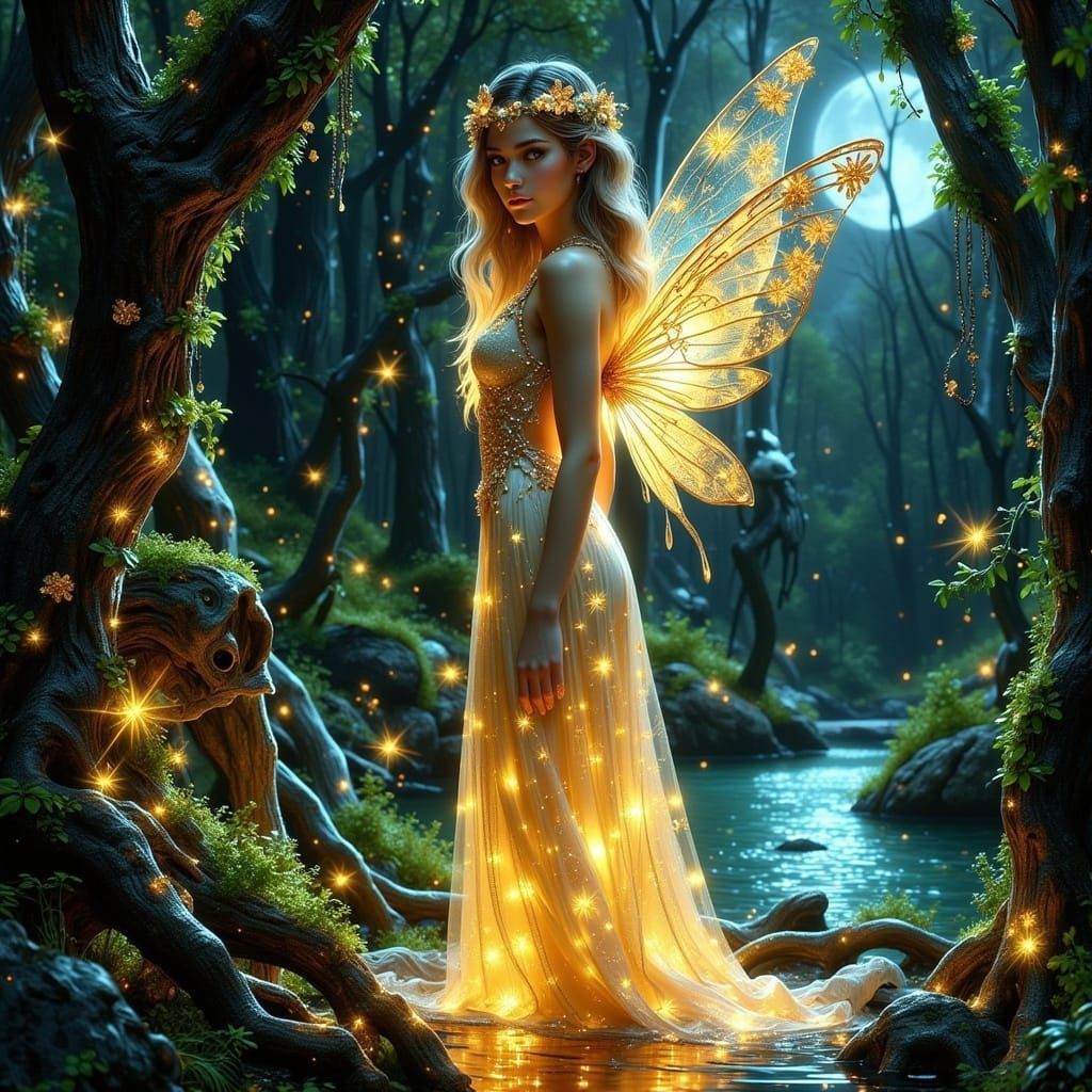 Ethereal Fairy Woman in Enchanted Moonlit Forest
