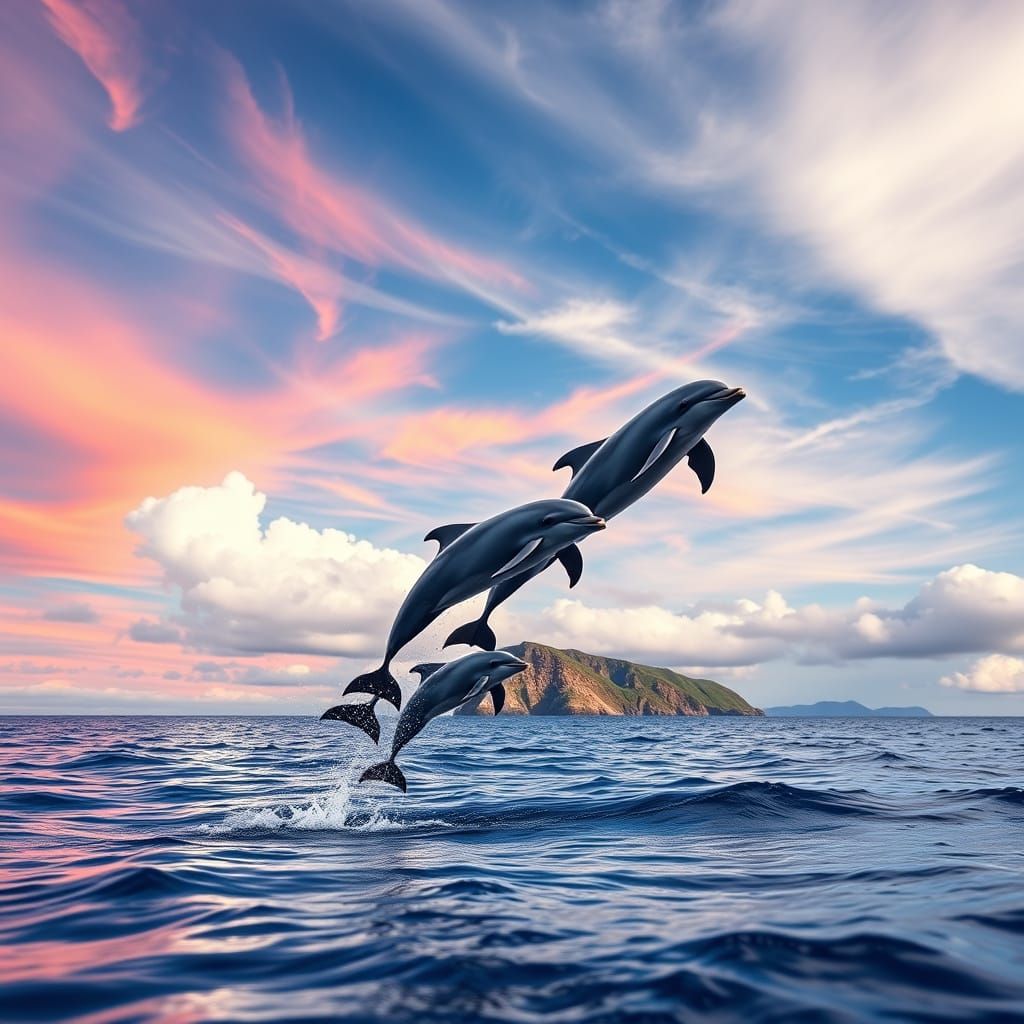 Dolphins Leaping in Vibrant Ocean Scene