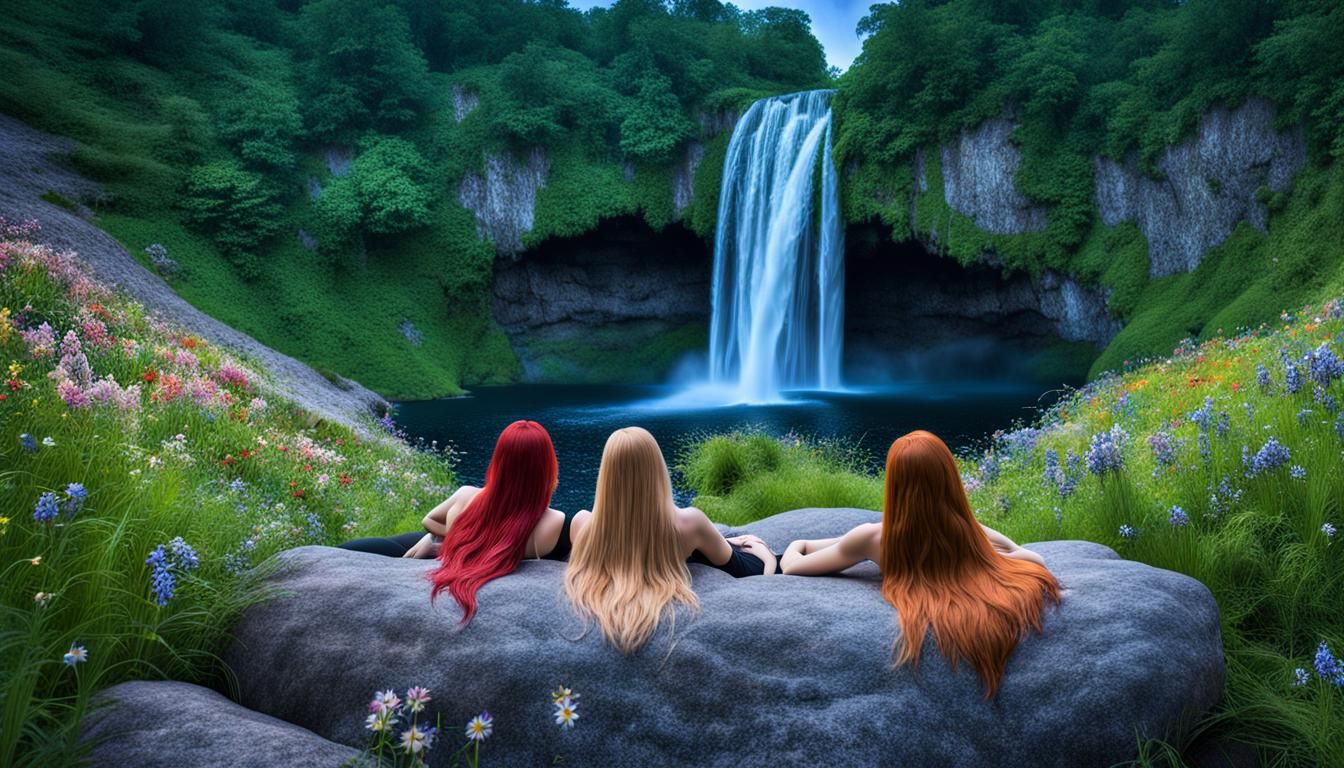 Bioluminescent Waterfall Scene with Nude Figures