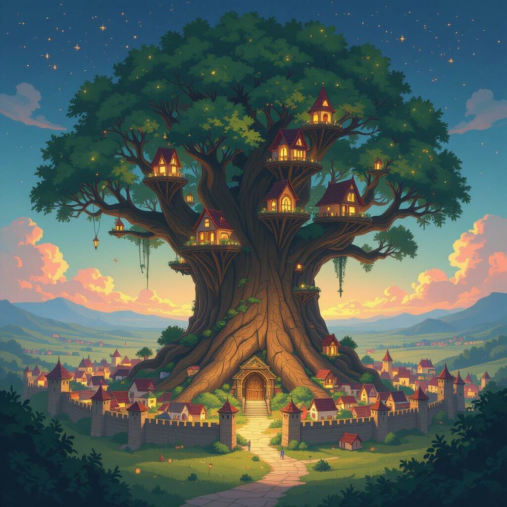 Fantasy City with Giant Tree in Miyazaki Style