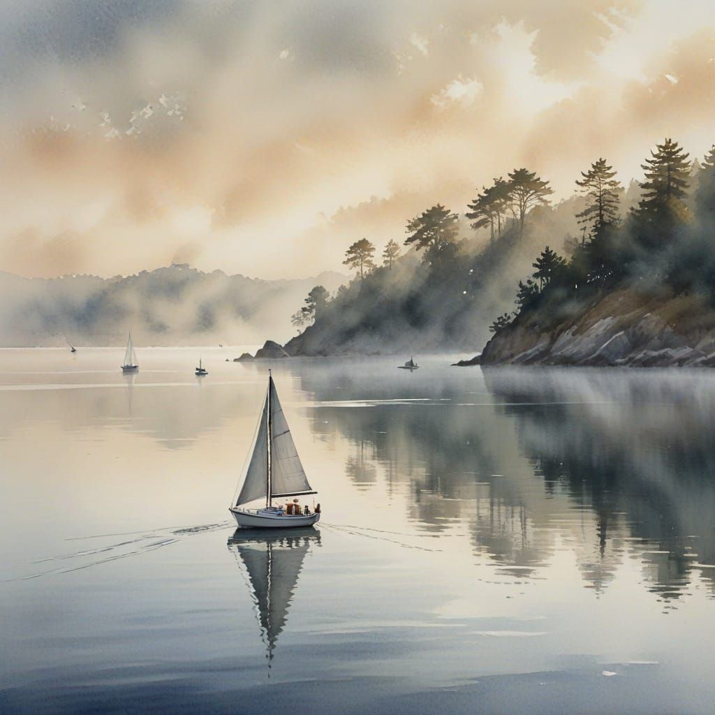 Sailboat in Morning Mist Watercolor Painting