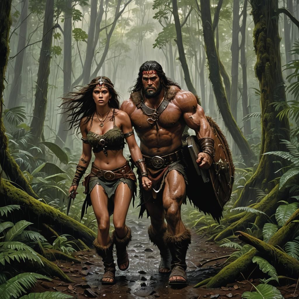 Barbarian Rescue in Overcast, Rainy Forest