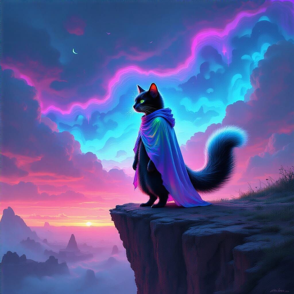 Skunkcat in Iridescent Cloak with Dreamscape Interior