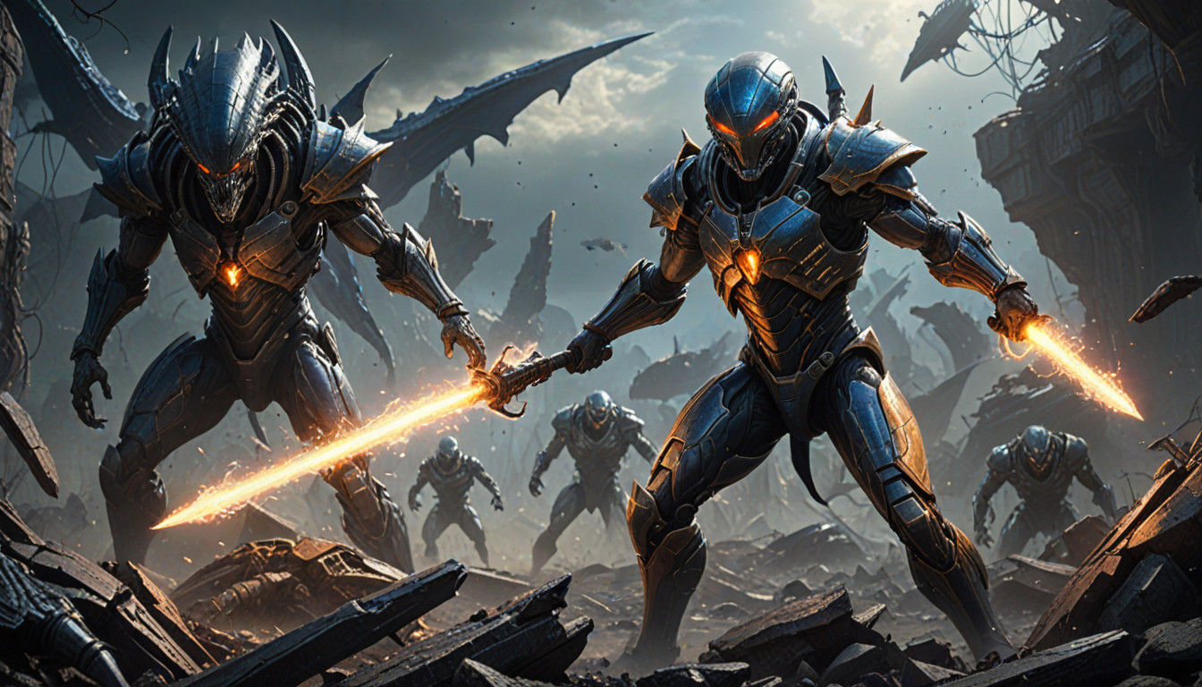 Epic Alien Warrior in Battle-Ravaged Landscape