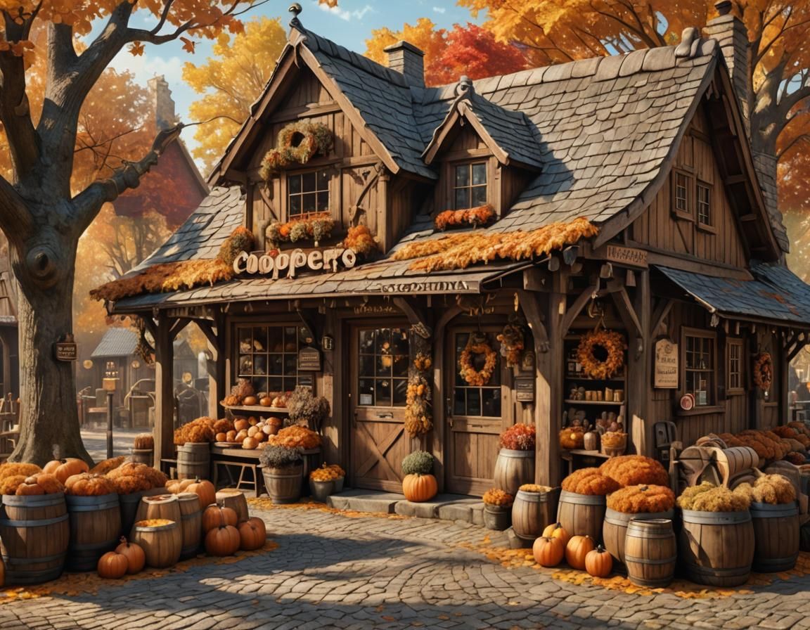 Rustic Coopers Shop in Autumn Sunlight: Fantasy Photo