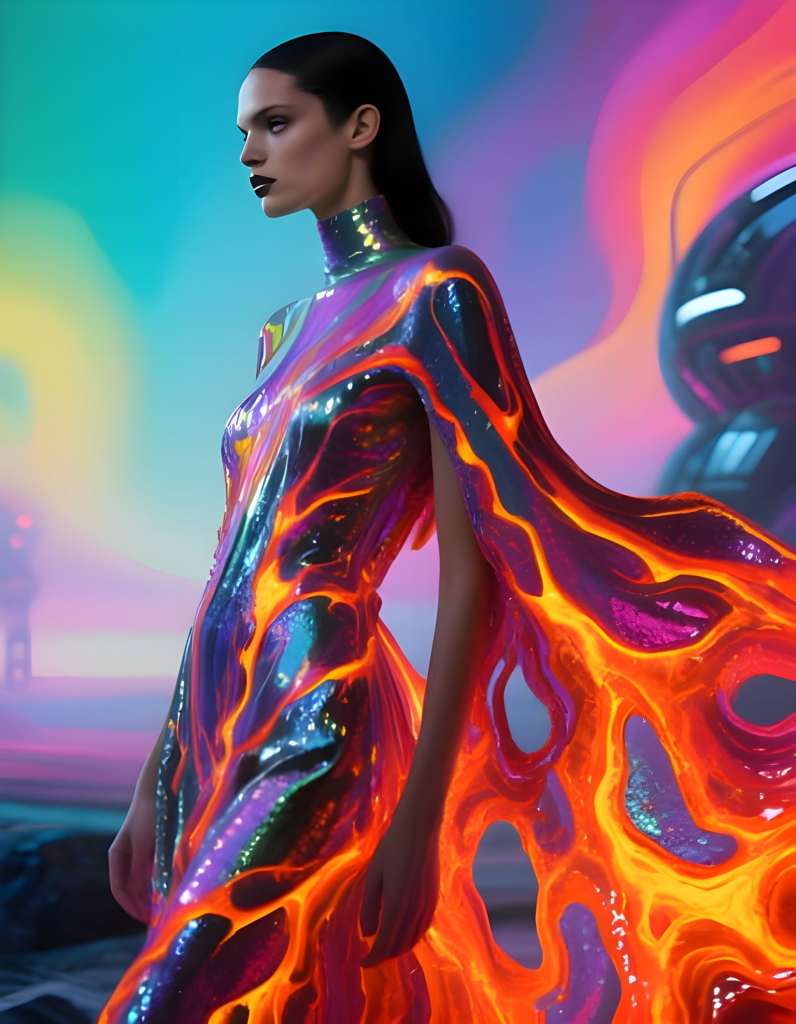 Fashion Model in Flowing Lava Gown