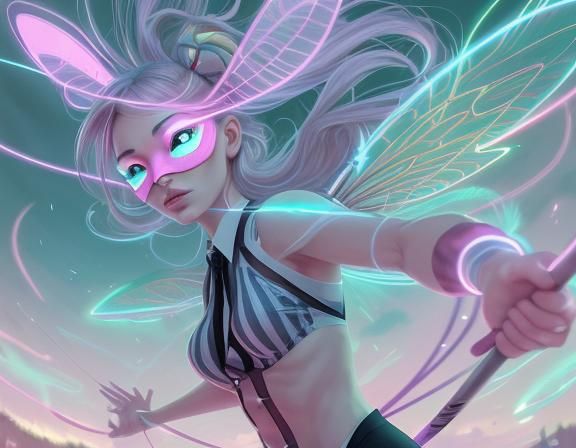 Woman Swats Fairies with Racket in Surreal Style