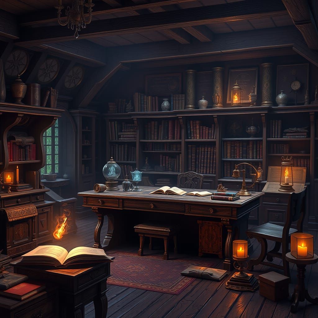 Mystical Study Room in Warm, Golden Glow