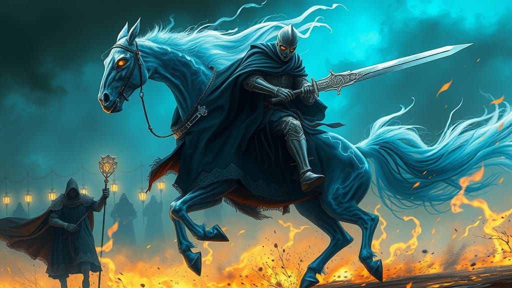 Spectral Knight Amidst Golden Embers, in Dark Fantasy Style