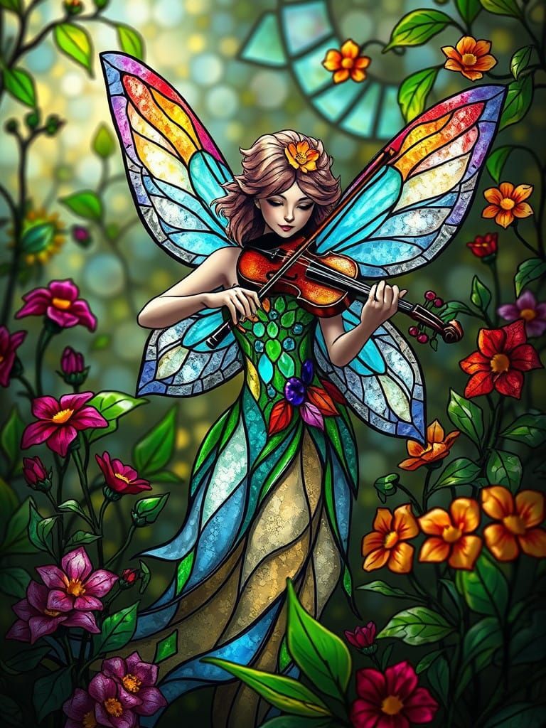 Whimsical Flower Fairy in Stained Glass Style