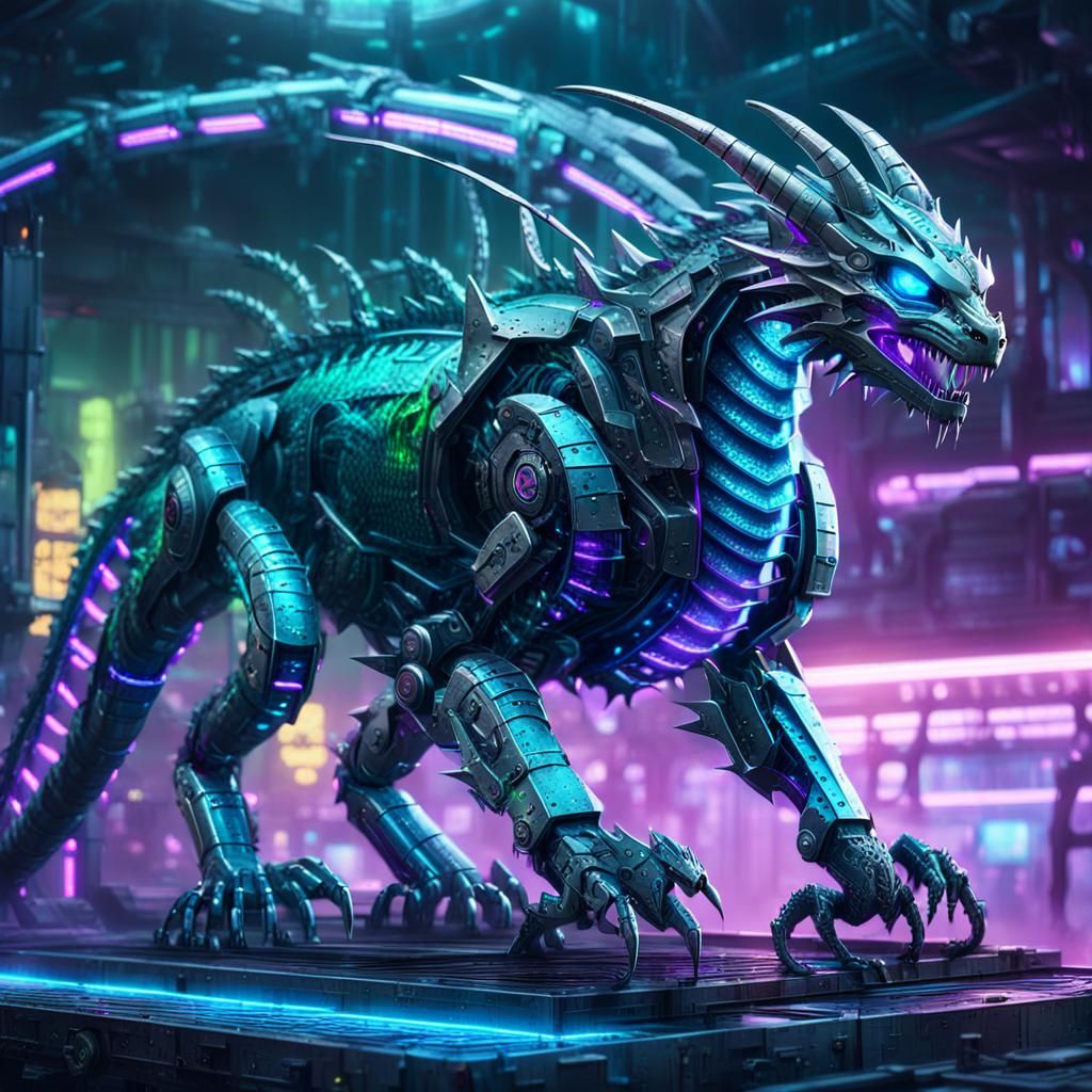 Robotic Dragon Cat in Cyberpunk Futurism