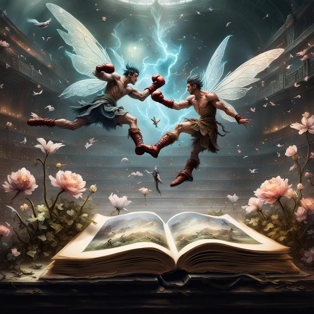 Miniature male fairies boxing
