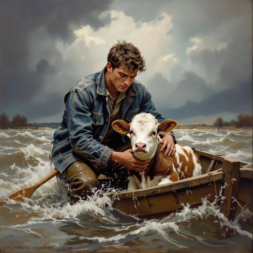 Rescuing Calf from Flood in Somber Realism Style