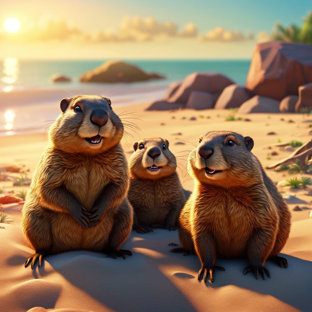 Groundhogs Relaxing on Beach: Pixar Style Digital Art
