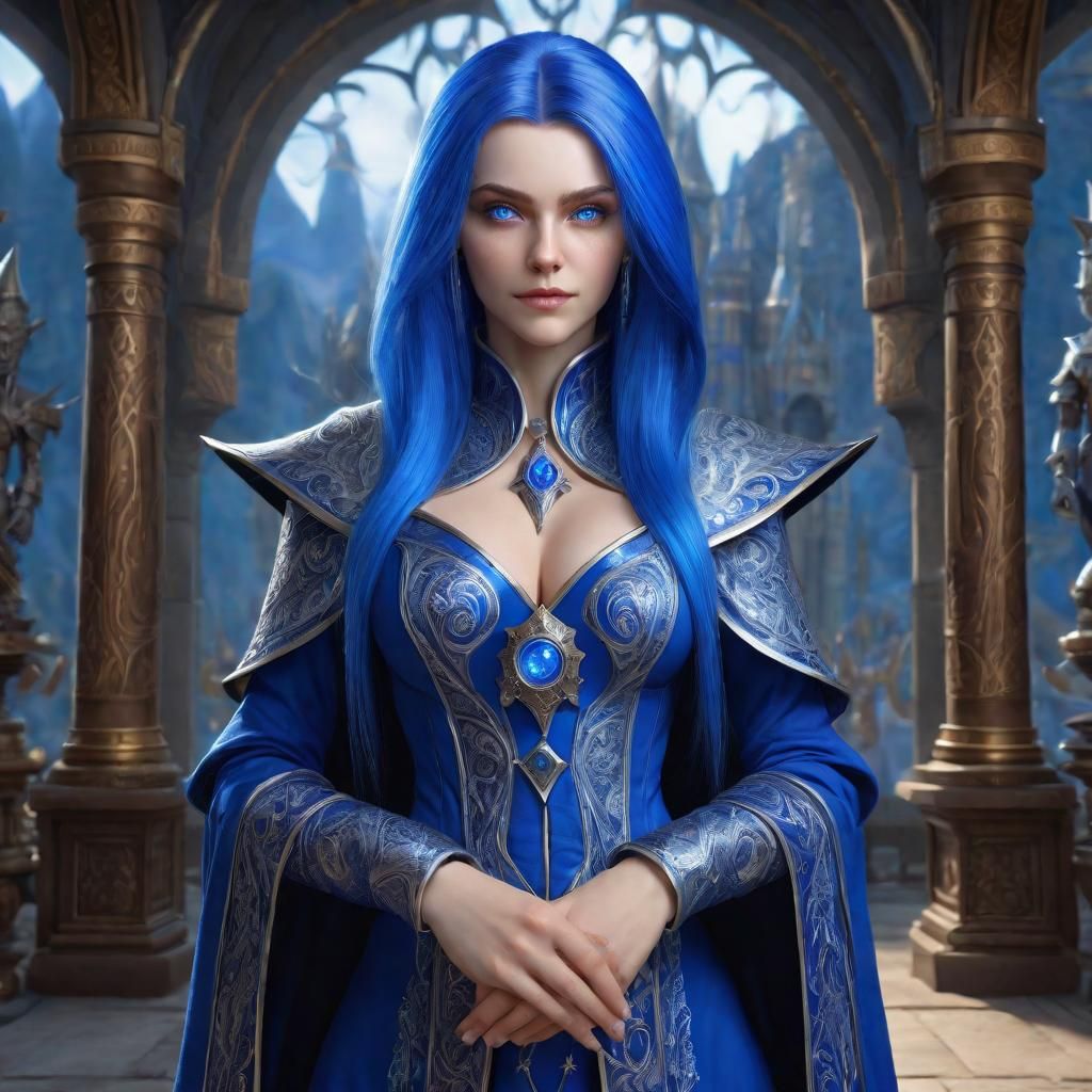 Blue-Haired Wizard Woman in Warcraft Style