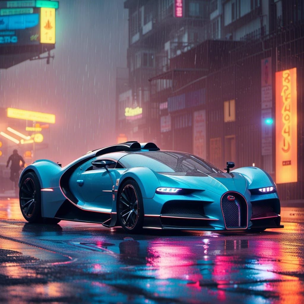 Bugatti Bolide in Blade Runner Neon Cityscape
