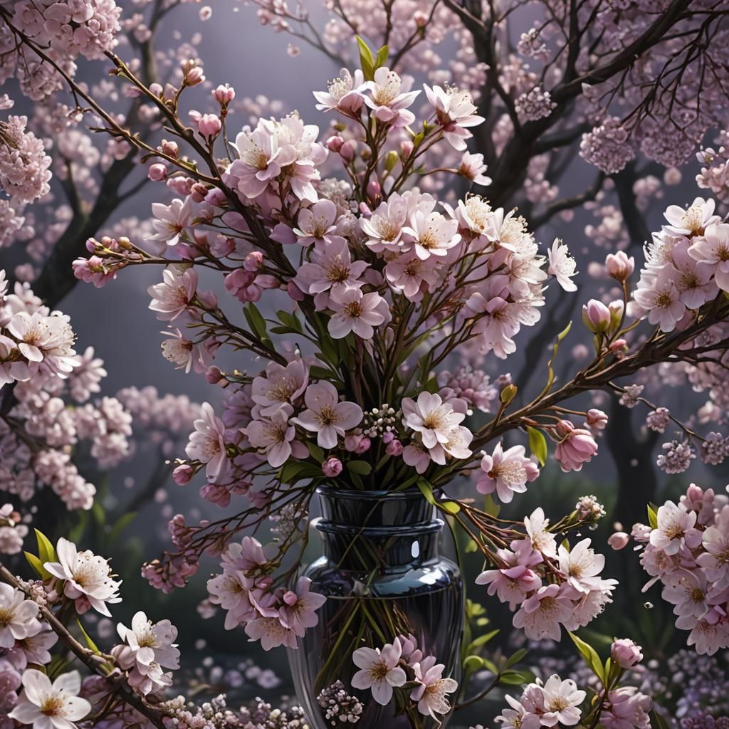 Cherry Blossom and Lilac Bouquet, Matte Painting