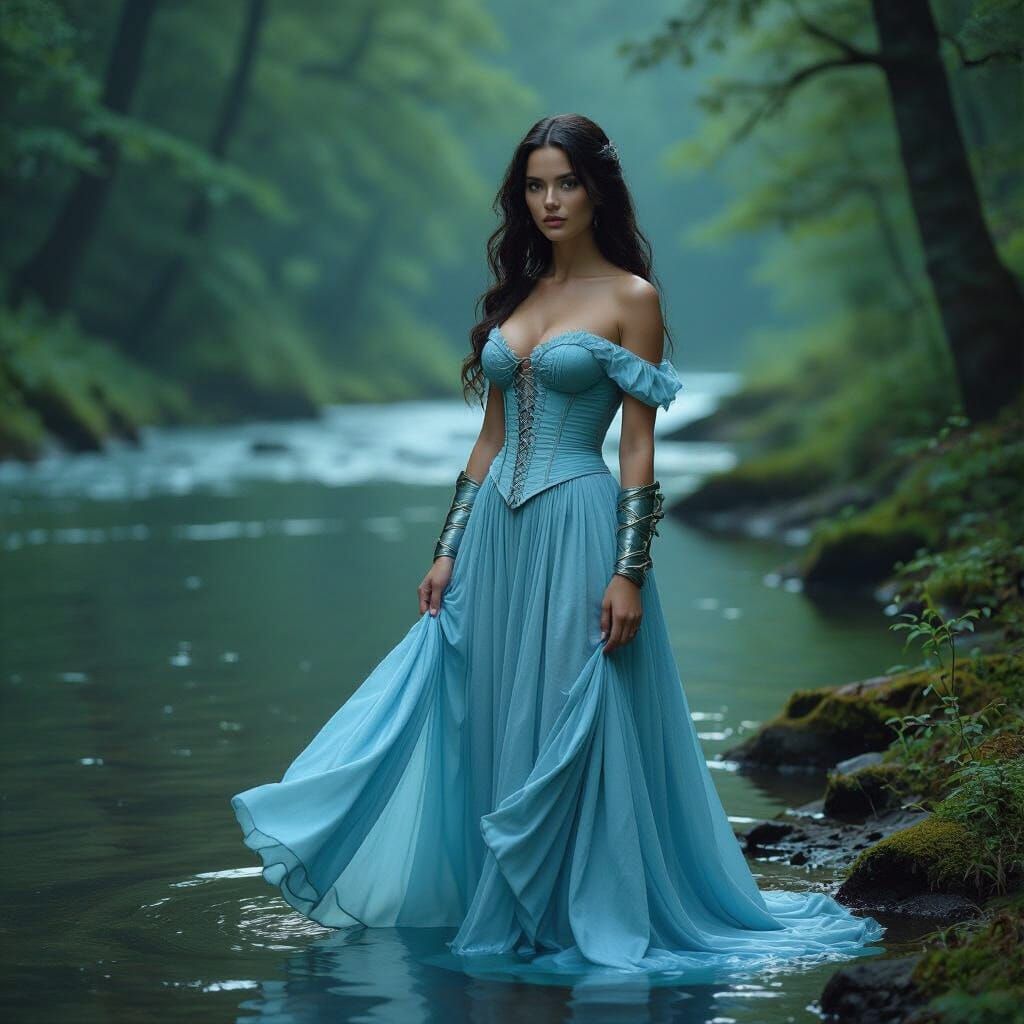 Green-Skinned Woman in Flowing Dress by River