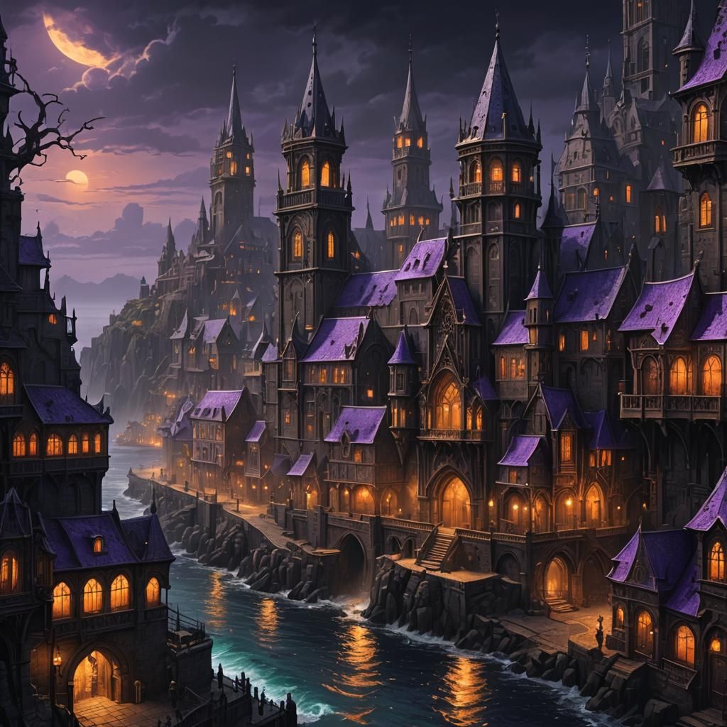 Dark Fantasy Seaside City in Gothic Style