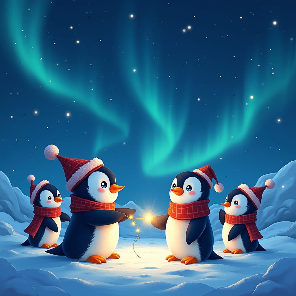 Whimsical Penguin Christmas Night Scene in a Cartoon Aesthet...