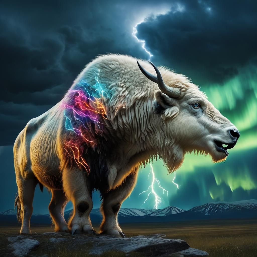 Majestic White Buffalo Confronts Arctic Timberwolf and Bald...