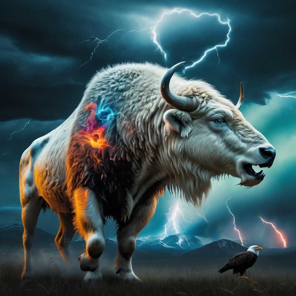 Ethereal Confrontation: Fantasy Buffalo Meets Arctic Wolf an...