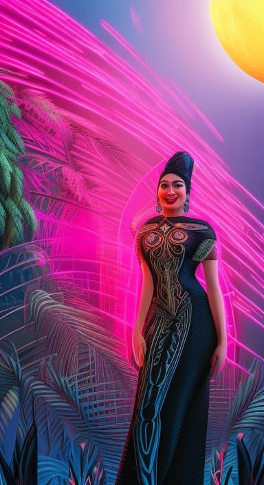 Creole Woman Under Neon Moon in Cyberpunk Art Style