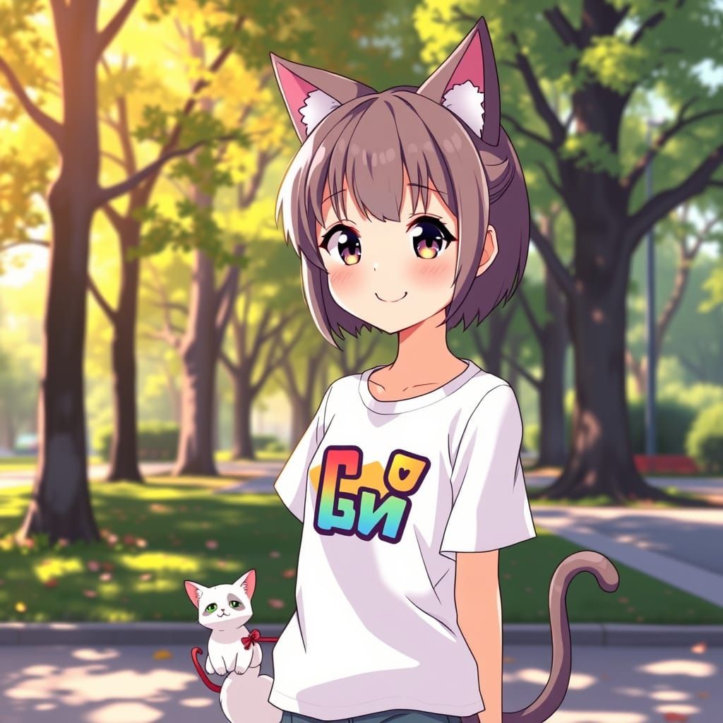 Anime Girl with Cat Features in Morning Park