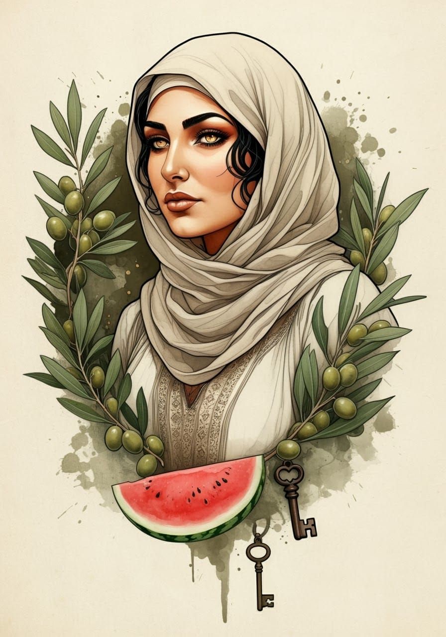 Captivating Palestinian Woman in Dreamlike Illustration
