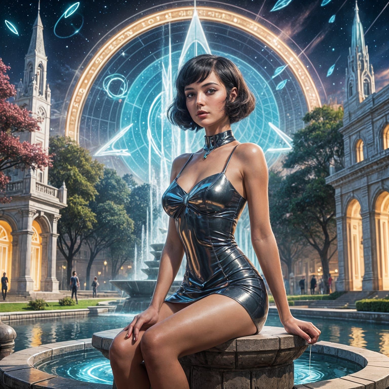 Retro Pin-Up Girl on Fountain in Sci-Fantasy Campus