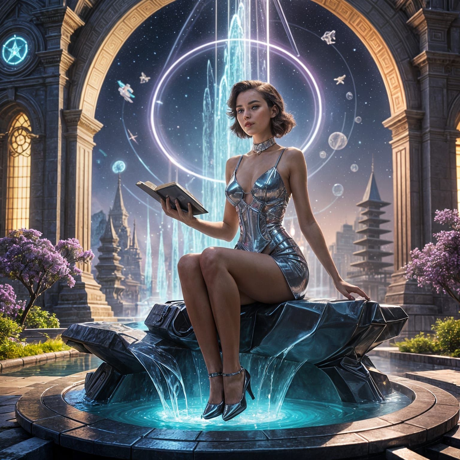 Retro-Futurism Pin-Up Woman on Fountain